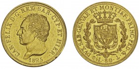 Carlo Felice 1821-1831
80 lire, Gênes, 1825, AU 25.74g.
Ref : MIR.1032d, Mont.06, Pag.25, Fr.1133, C#108.2
Conservation : Superbe. Rare
