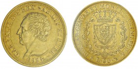 Carlo Felice 1821-1831
80 lire, Turin, 1828 (P), AU 25.8g.
Ref : MIR.1032k (R3), Mont.12, Pag.32a, Fr.1132, C#108.1
Conservation : PCGS AU50. Très ...