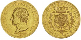 Carlo Felice 1821-1831
40 lire, Turin, 1822 (L), AU 12.89g.
Ref : MIR.1033a (R2), Mont.21, Pag.39, Fr.1134, C#107.1
Conservation : Superbe. Rare