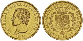 Carlo Felice 1821-1831
40 lire, Turin, 1831 (P), AU 12.88g.
Ref : MIR.1033d (R), Mont.28, Pag.44a, Fr.1134, C#107.1
Conservation : pr.Superbe. Rare