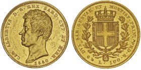 Carlo Alberto 1831-1849
100 lire, Gênes, 1840 (P), AU 32.19g.
Ref : MIR.1043k, Mont.17, Pag.149, Fr.1139, C#117.1
Conservation : pr.Fleur de Coin. ...