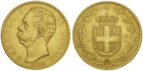 Umberto I 1878-1900 
100 lire, Rome, 1880R, AU 32.2g.
Ref : MIR.1096a (R4), Mont.01, Pag.567, Fr.17, KM#22
Conservation : PCGS AU53. Rarissime.
Qu...