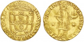Joao III 1521-1557
1 Sao Vincente (1000 Reis), Lisbonne, non daté (1555-1557), AU 7.58g.
Avers : Ecu couronné
Revers : Saint Vincent debout 
