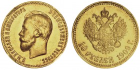 Nicolas II 1894-1917
10 roubles, Saint-Pétersbourg, 1909, AU 8.6g
Ref : Y#64
Conservation : NGC AU58