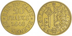 20 francs, Geneve, 1848, AU 7.6g.
Ref : Fr.263, KM#140, HMz-2-361
Conservation : Pratiquement fleur de coin.