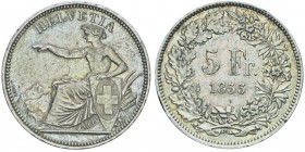 5 francs «Tir fédéral de Soleure», Solothurn, 1855, AG 24.9g.
Ref : KM X#S3, HMZ-2-1343a.
Sur la tranche : EIDGEN FREISCHIESEN SOLOTHURN 1855
Conse...