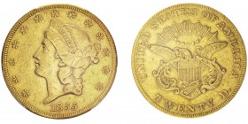 20 Dollars «Liberty Coronet Head»,
San Francisco, 1855S, AU 33.43g.
Ref : KM#74.1, Fr.172
Conservation : PCGS XF45