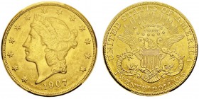 20 Dollars,
Philadelphie, 1907, AU 33.43g.
Ref : KM#74.3, Fr.177
Conservation : PCGS MS63
