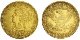 10 Dollars,
Philadelphie, 1907, AU 16.71g.
Ref : KM#102, Fr.158
Conservation : PCGS MS62