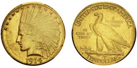 10 Dollars,
Denver, 1914D, AU 16.71g.
Ref : KM#130, Fr.168
Conservation : PCGS MS61