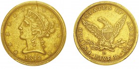 5 Dollars «Coronet Head»,
Dahlonega, 1842 D, Small Date, AU 8.35g.
Ref : KM#69, Fr.140
Conservation : PCGS AU50. Rare
