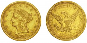 2.5 Dollars,
Dahlonega, 1843 D, Small D, AU 4.18g.
Ref : KM#72, Fr.117
Conservation : PCGS AU53. Rare