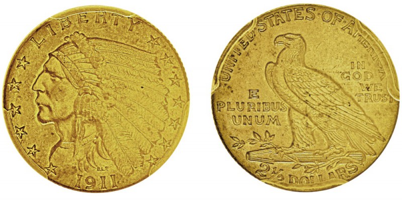 2.5 Dollars «Indian Head»,
Philadelphie, 1911, AU 4.18g.
Ref : KM#128, Fr.120...