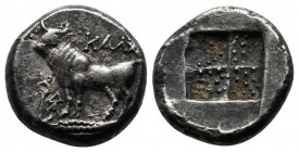 Bithynia, Kalchedon. c.367/6-340 BC. Drachm (14 mm-3.80 g), Rhodian standard. KAΛX Bull standing left on grain ear; to left, kerykeion and ΔA monogram...