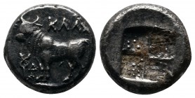 Bithynia, Kalchedon. c.367/6-340 BC. Drachm AR. (13 mm-3.87 g), Rhodian standard. KAΛX Bull standing left on grain ear; to left, kerykeion and ΔA mono...