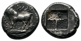 Bithynia. Kalchedon. c.367/6-340 BC. Drachm (19 mm-3.65 g), Rhodian standard. KAΛX Bull standing left on grain ear; to left, kerykeion and ΔA monogram...