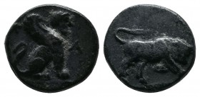 Caria, Kaunos, c. 350-300 BC. AE (11mm-1,72g). Sphinx seated right. / Bull butting right. Konuk pl. 50, B; SNG Copenhagen 182. Dark patina, VF.