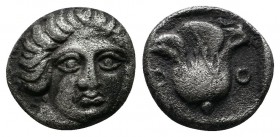 Caria, Rhodes. Hemidrachm AR. (c.408/7-390 BC).(10mm-1.72g). Head of Helios facing slightly right. / P - O. Rose within incuse square. Ashton 19; HGC ...