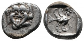 Caria. Uncertain mint. c.5th century BC. AR Drachm (15mm-3.85g). Facing gorgoneion, surrounded by four wings in tilted clockwise rotation. / Harpy fly...