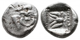Caria. Uncertain. c.5th century BC. AR Triobol (11mm-1.98g). Facing gorgoneion, surrounded by four wings in tilted clockwise rotation. / Harpy flying ...
