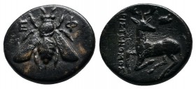Ionia, Ephesos. c.390-320/00 BC. AE (14mm-2,01g). Ε-Φ Bee. / Stag kneeling left, head right; astragalos above. SNG Copenhagen 245-53. Very fine.
