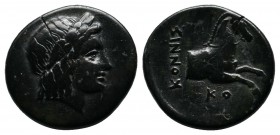 Ionia, Kolophon, c.360-330 BC. Æ Chalkous (14mm-2.05g). Leodamas, magistrate. Laureate head of Apollo right / Forepart of horse right. SNG Copenhagen ...