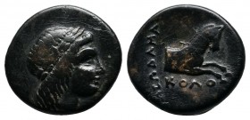 Ionia, Kolophon, 360-330 BC. Leodamas, magistrate. Æ (13mm-2,07g). Laureate head of Apollo right. / KOΛA / ΛΕΩΔΑΜΑΣ. Forepart of bridled horse right. ...