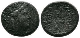 Ionia, Smyrna, (115-105 BC.) Æ Homerion (20mm-8,58g). Magistrat Hermokles Pytheou. Laureate head of Apollo right / Monogram, [Σ]MYΡNAIΩ[N], the poet H...
