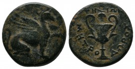 Ionia, Teos, c.370-330 BC. Æ (16mm-4,35g). Metrodoros, magistrate. Griffin seated right, left paw raised. / Kantharos; grape bunch above. SNG Copenhag...