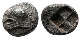 Ionia. Uncertain mint c.600-550 BC. Obol AR. (6mm-0.64g). Corinthian helmet left / Quadripartite incuse square with alternating raised and sunken quar...