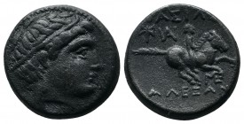 Kings of Macedon. Alexander III ‘The Great’. (336-323 BC.) Æ (17mm-5,03g). Miletos mint. Diademed head (Apollo?) right. / BAΣIΛEΩΣ AΛEΞANΔPOY. Horsema...