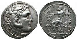 Kings of Macedon. Alexander III ‘The Great’. 336-323 BC. Tetradrachm AR, (32mm-16,77g). Rhodes. (c. 201-190 BC). Head of Herakles right wearing lion s...