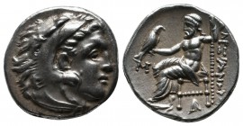 Kings of Macedon. Alexander the Great, 336-323 BC. AR Drachm (17mm-4,13g). Abydos mint. Head of Herakles right, wearing lion skin. / Zeus seated left ...