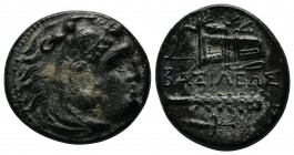 Kings of Macedon. Temp. Philip III – Antigonos I Monophthalmos. c.323-310 BC. AE (20mm-5.66g). Uncertain mint in Western Asia Minor. Head of Herakles ...