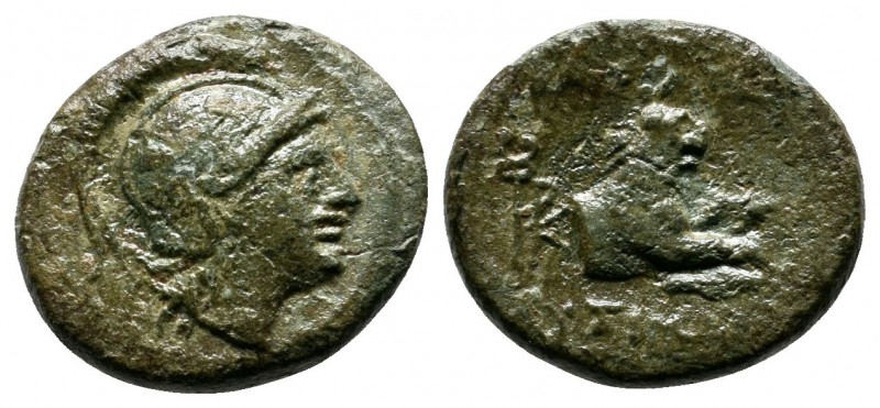 Kings of Thrace, Lysimacheia, Lysimachos. (323-281 BC.) Æ (13mm-2,35g.) Helmeted...
