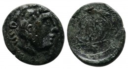 Kings of Thrace, Lysimacheia, Lysimachos. (323-281 BC.) Æ (14mm-2,32g.) Head of Herakles right, wearing lion's skin headress / BAΣI - ΛΥΣI across fiel...