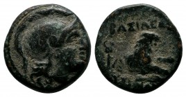 Kings of Thrace, Lysimachos. (305-281 BC.) Æ (13mm-2,26g.) Head of Athena right, wearing crested Attic helmet. / ΒΑΣΙΛΕΩΣ ΛΥΣΙΜΑΧΟΥ above and below. F...