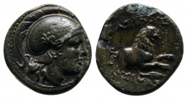 Kings of Thrace, Lysimachos. c.305-281 BC. AE (13mm-2.01g). Helmeted head of Athena right. / BAΣΙΛΕΩΣ ΛYΣIMAXOY. Forepart of lion right; below, spearh...