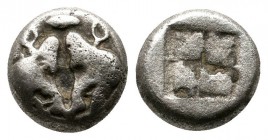 Lesbos, Unattributed early mint. (c.550-480 BC.) BI 1/12 Stater (9mm-1,26g). Confronted boars’ heads; eye (or grain) above. / Quadripartite incuse squ...