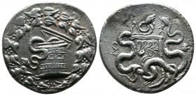 Lydia, Sardes. c.150-135 BC. AR Cistophoric Tetradrachm (27mm-12.20g). Cista mystica with serpent; all within ivy wreath / Bow-case with serpents; CAP...