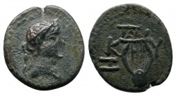 Mysia, Cyzicus. Pseudo-autonomous issue. 1st century AD. Æ (13mm-1,42g). Laureate head of Apollo right / Lyre; monogram above. Von Fritze III, group I...