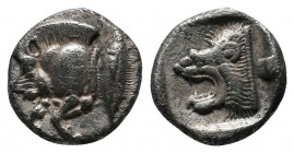 Mysia, Kyzikos (c.480 BC) Trihemiobol AR (10mm-1,07g). Forepart of boar left ; Tunny upward / Head of roaring lion left, outstretched tongue, all with...