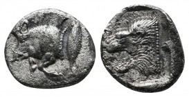 Mysia, Kyzikos (c.480 BC) Trihemiobol AR (10mm-1,15g). Forepart of boar left ; Tunny upward / Head of roaring lion left, outstretched tongue, all with...