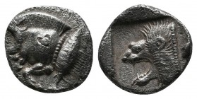 Mysia, Kyzikos (c.480 BC) Trihemiobol AR (10mm-1,16g). Forepart of boar left ; Tunny upward / Head of roaring lion left, outstretched tongue, all with...