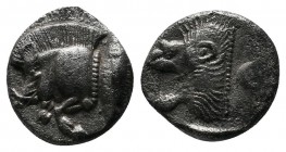 Mysia, Kyzikos (c.480 BC) Trihemiobol AR (10mm-1,17g). Forepart of boar left ; Tunny upward / Head of roaring lion left, outstretched tongue, all with...