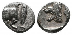 Mysia, Kyzikos (c.480 BC) Trihemiobol AR (10mm-1,19g). Forepart of boar left ; Tunny upward / Head of roaring lion left, outstretched tongue, all with...