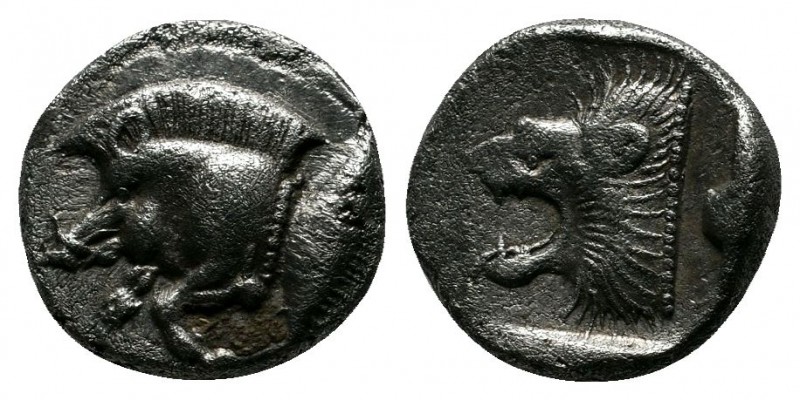 Mysia, Kyzikos (c.480 BC) Trihemiobol AR (10mm-1,20g). Forepart of boar left ; T...