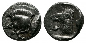 Mysia, Kyzikos (c.480 BC) Trihemiobol AR (10mm-1,20g). Forepart of boar left ; Tunny upward / Head of roaring lion left, outstretched tongue, all with...