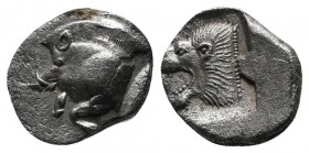 Mysia, Kyzikos (c.480 BC) Trihemiobol AR (11mm-1,21g). Forepart of boar left ; Tunny upward / Head of roaring lion left, outstretched tongue, all with...