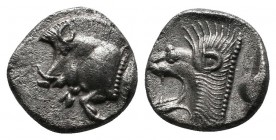 Mysia, Kyzikos (c.480 BC) Trihemiobol AR (9mm-1,16g). Forepart of boar left ; Tunny upward / Head of roaring lion left, outstretched tongue, all withi...